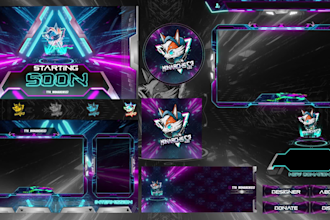 create animated kick, twitch overlay package, screens, alerts, panels, logo
