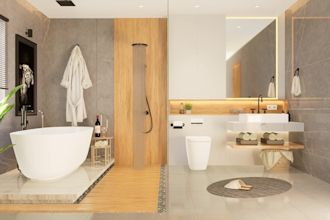 create a modern, realistic 3d bathroom design and walkthrough video