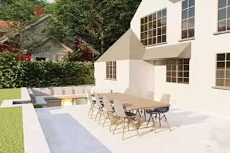 create 3d backyard, landscape design, with garden, swimming pool, patio pergola