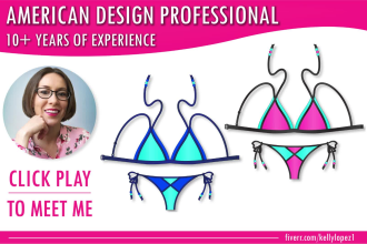 design cad flat sketch or tech pack for swimwear, swimsuit, bikini