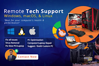 fix, repair computer issues, optimize pc, remove virus via remote tech support