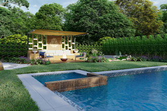design garden, backyard, pool, patio, terrace landscape 3d environment