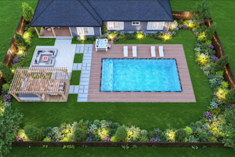 provide backyard landscape design and 3d rendering for pool, garden, and patio