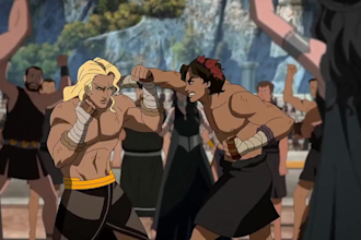 create 2d anime fighting animation, anime music video, cinematic battle scene