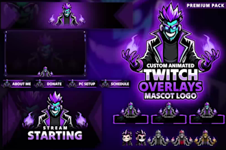 design animated twitch overlays, mascot logo, panels, and complete stream packs