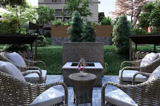 render 3d front backyard, outdoor living deck, garage carport, sauna, courtyard