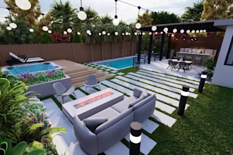 do realistic backyard design, patio, pool, deck, garden