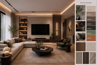 create an interior design concept, mood board, material board, and shopping list