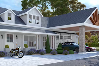 design modern farmhouse exterior, landscape and realistic 3d render