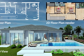 draw a floor plan, 2d floor layout, house plan or architectural drawing and 3d