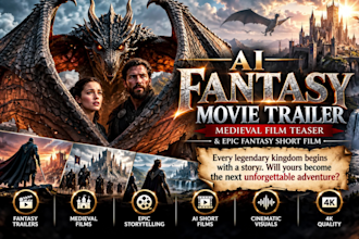 create ai fantasy movie trailer, medieval film teaser,  epic fantasy short film