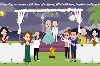 create a 2d romantic love story, proposal, and wedding invitation video