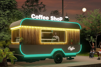 3d design and render food truck, container, van, stall, stand, booth, bus, kiosk