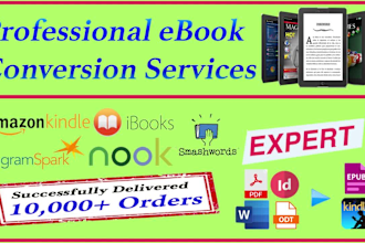 do the ebook conversion from PDF, word, indesign into epub, kindle formats