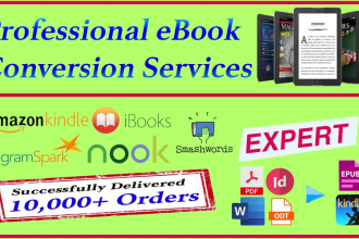 do the ebook conversion from PDF, word, indesign into epub, kindle formats