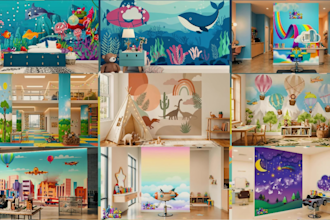 draw colourful wall mural for kids room
