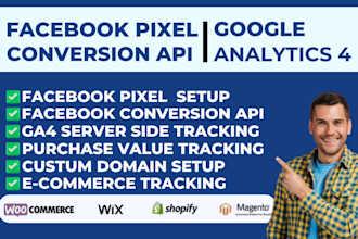 setup facebook pixel conversion API, google analytics 4, shopify, wordpress,
