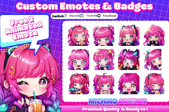 create cute chibi twitch emotes, animated emotes, sub badges for vtuber, discord