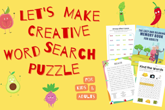 design creative custom word search puzzle books for kids and adults