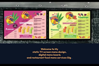 design static TV screen menu, digital menu board, and restaurant menu design