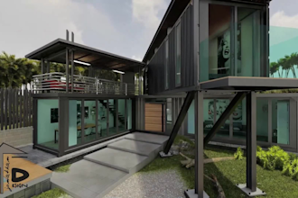 create realistic 3d container house, tiny house shipping container, restaurant