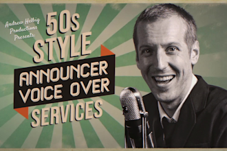 record a vintage 1950s radio announcer voice over