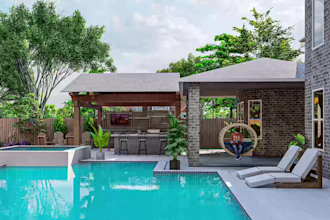 design backyard, garden, swimming pool, patio, deck with realistic image
