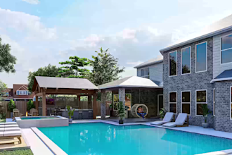design 3d backyard, front yard, landscape, garden, patio, pool, and deck