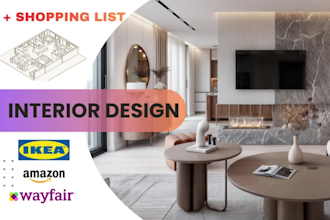 design ikea style interior, bedroom, living room, apartment with shopping list