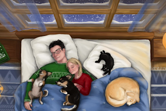 create a stylized cartoon illustration with you and your pet