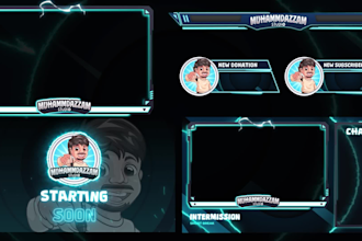 design animated twitch stream overlay, logo, panels, screens, alerts