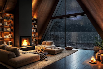 create natural sound relaxing rain video with a cozy room