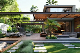 design landscape, backyard, roof garden, patio, pergola with 3d rendering