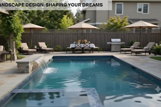 design backyard, pool and outdoor living space with realistic 3d lighting render