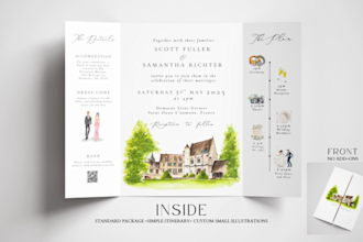 custom watercolor window, gatefold, folded, booklet or itinerary wedding invite
