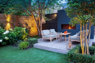 do modern landscape design, backyard, patio, outdoor space 3d rendering garden
