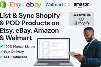 list shopify and pod products on etsy, ebay, amazon and walmart