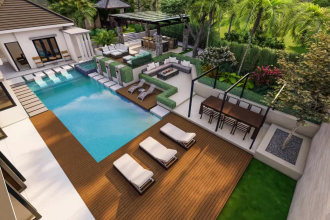 design your garden, backyard,  swimming pool,3d rendering