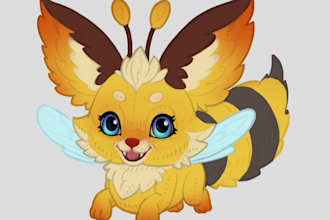create 2d character design concept, pet, mascot, monsters, sketch, color, render