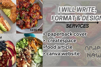 write, format, design paperback cover, createspace, food article, canva website