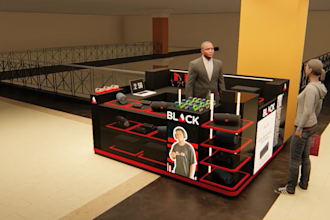 design a custom gadget kiosk with 3d model and branding