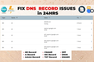 setup or fix a, cname, dns, spf, dkim, dmarc, mx, txt, email hosting settings