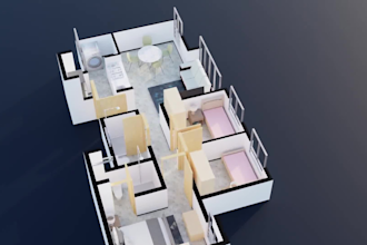 create 3d floor plan with texture and furniture in blender