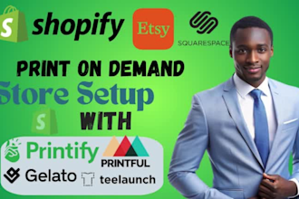 redesign shopify etsy or squarespace printful, printify, gelato teelaunch store