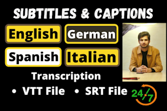 add subtitles to videos in english, french german, spanish, srt captions