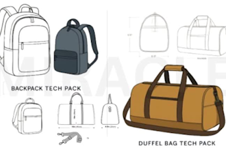 design bag tech pack, tote handbag tech pack, flat sketch, duffel bag tech pack