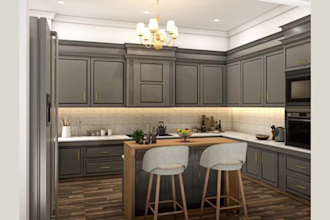 design a modern 3d kitchen interior with realistic rendering and layout plan