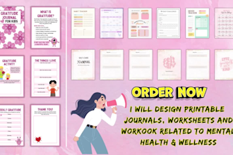 design mental health journal, printable worksheet, workbook