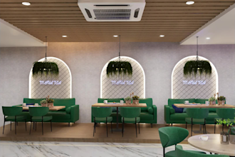 design cafe, bar or restaurant interior with realistic 3d render