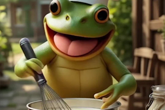 create funny frog chef cooking with matching dish song